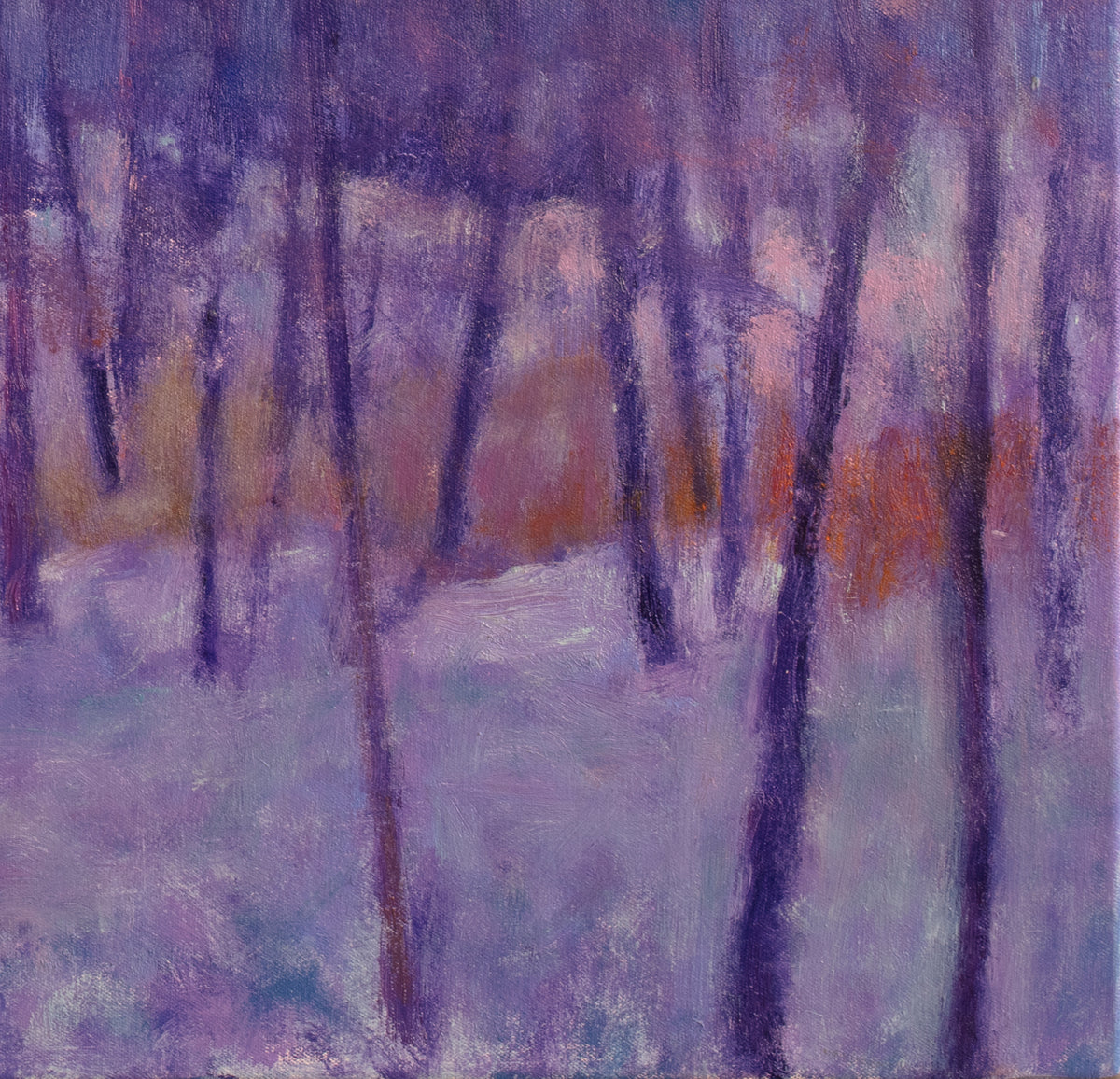 A close up detail of the snow and the bottom of the trees meeting together from ken Elliott's painting, Blue Wish.