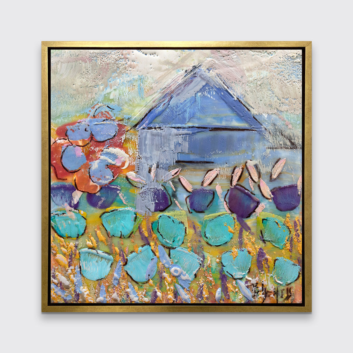 A teal, green and white abstract floral print in a gold floater frame hangs on a white wall.