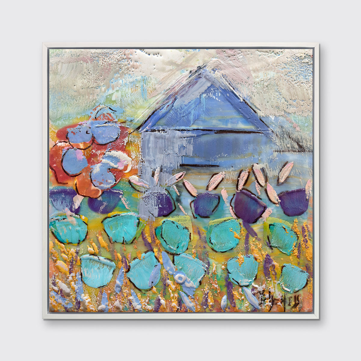 A teal, green and white abstract floral print in a white floater frame hangs on a white wall.