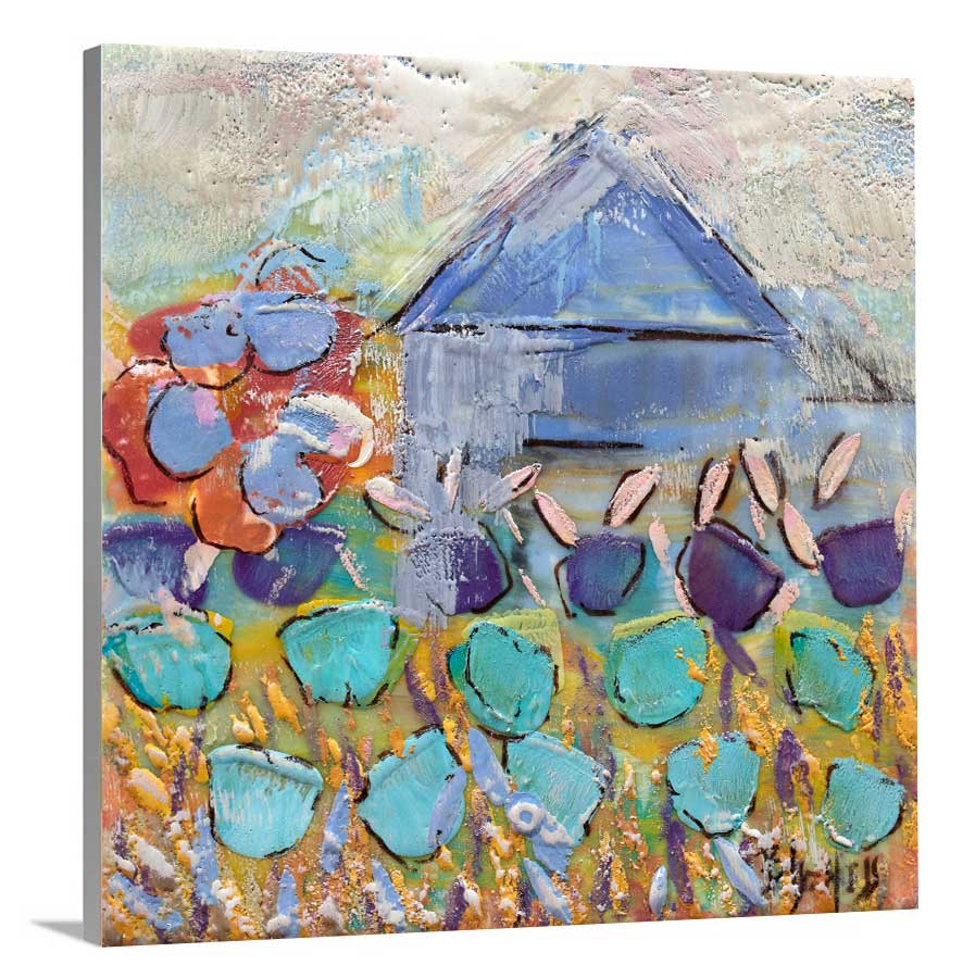 A side-angle view of a teal, green and white abstract floral print on canvas.