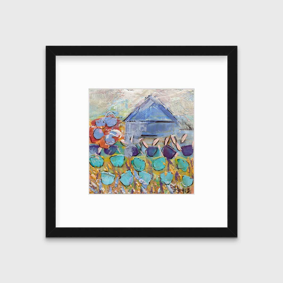A teal, green and white abstract floral print in a black frame with a mat hangs on a white wall.