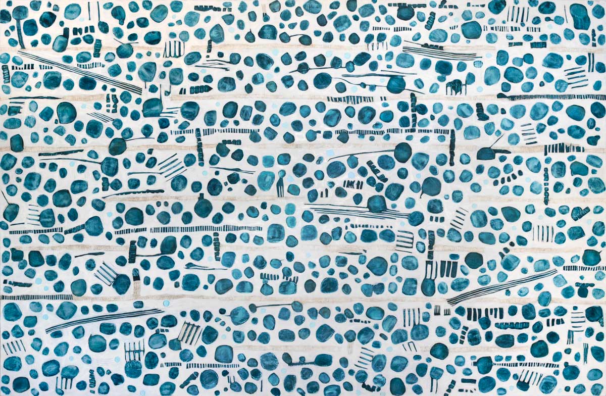 A dark teal, white and beige abstract print by Sofie Swann.