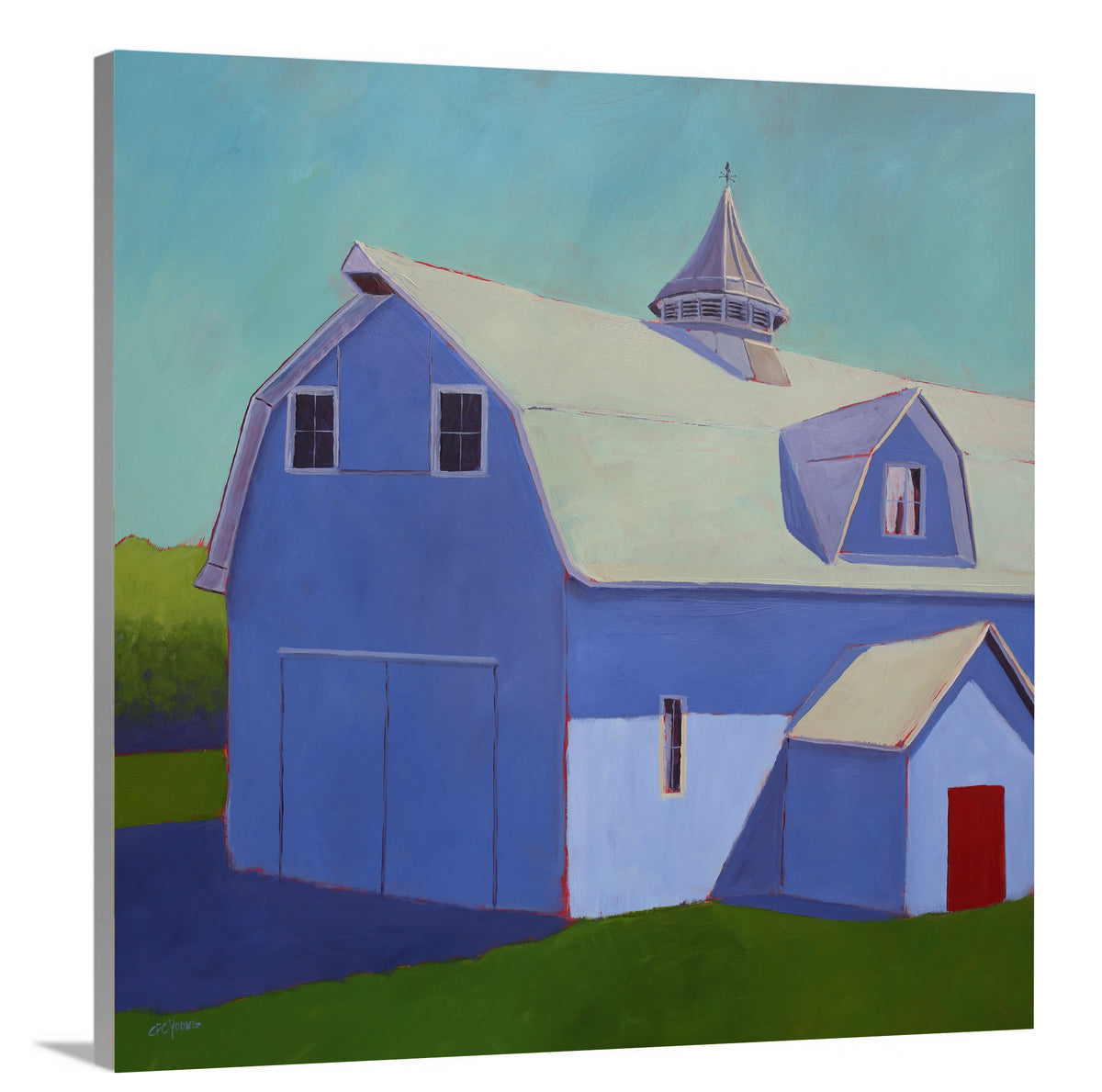 A side-angle view of a light blue, lavender and beige contemporary barn print on canvas.
