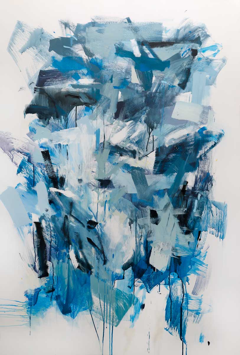 A blue, teal and white abstract print by Kelly Rossetti with black accents.