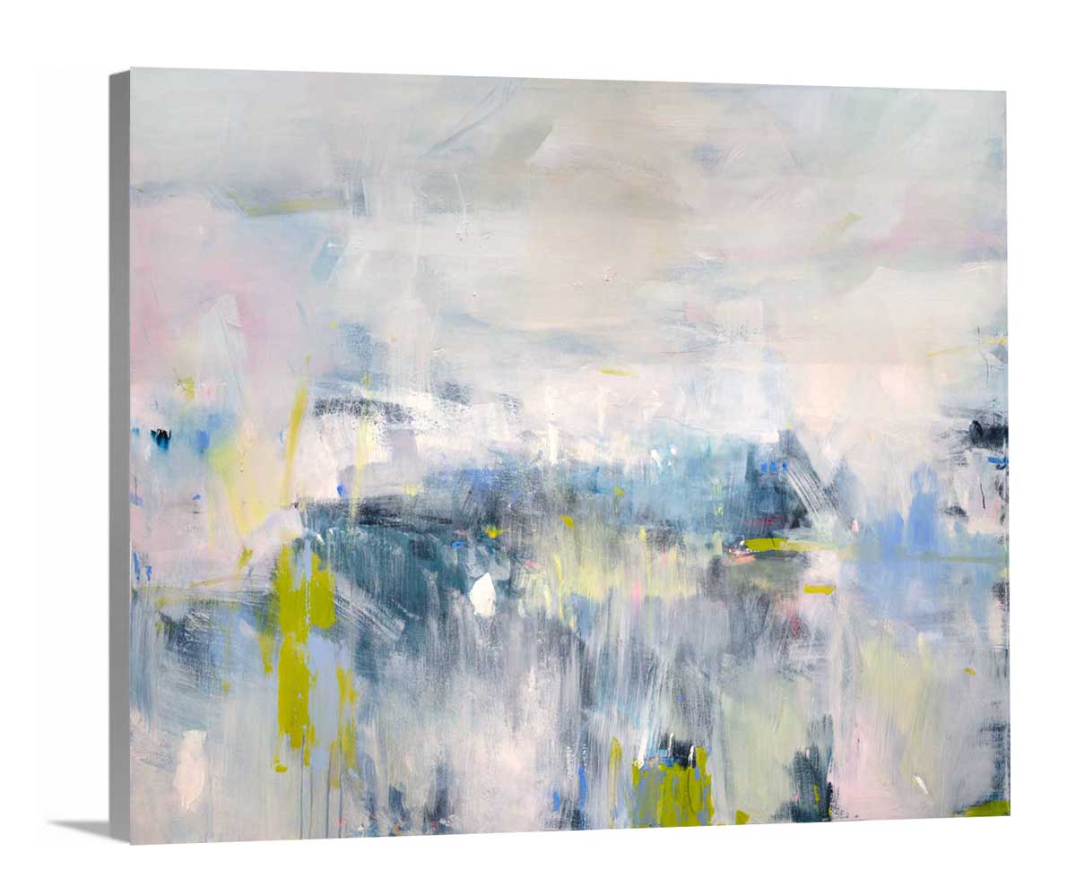 A side-view of a light pink and blue abstract print by Kelly Rossetti on canvas.