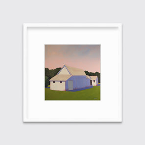 A light pink, lavender and green contemporary barn print in a white frame with a mat hangs on a white wall.