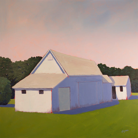 A light pink, lavender and green contemporary barn print by Carol Young.