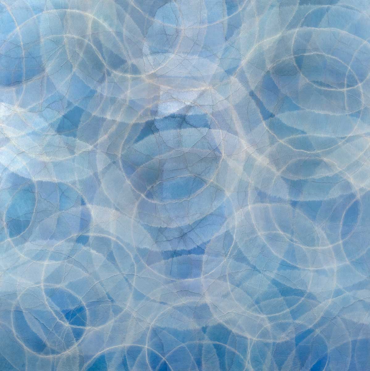 A blue and white abstract geometric print by Roger Mudre.