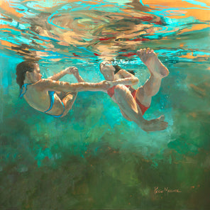 A figurative painting of two girls holding hands and swimming underwater.