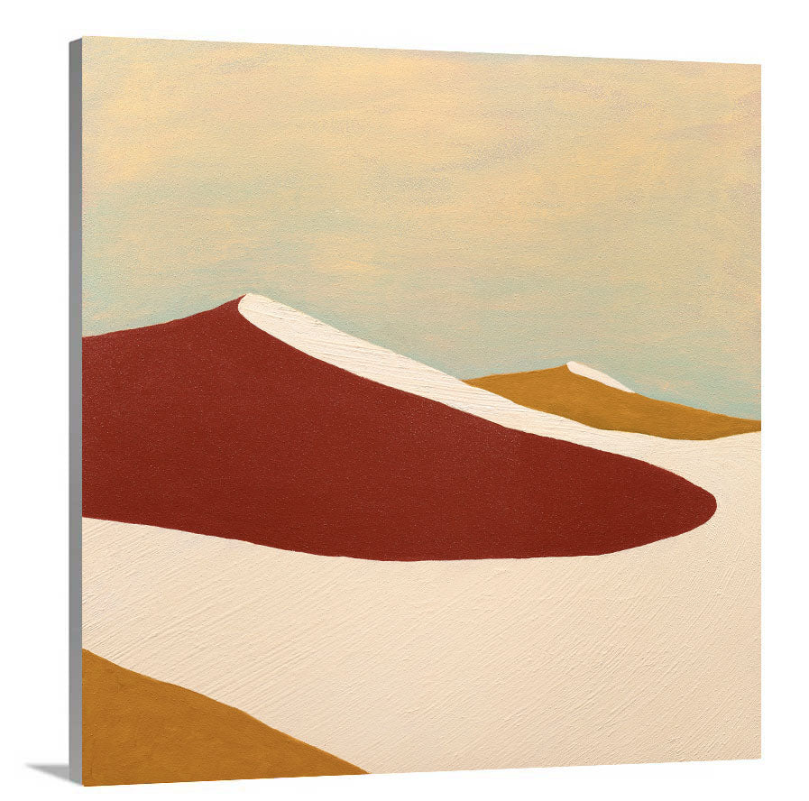 A side-angle view of a red, burnt orange and beige abstract print on canvas.