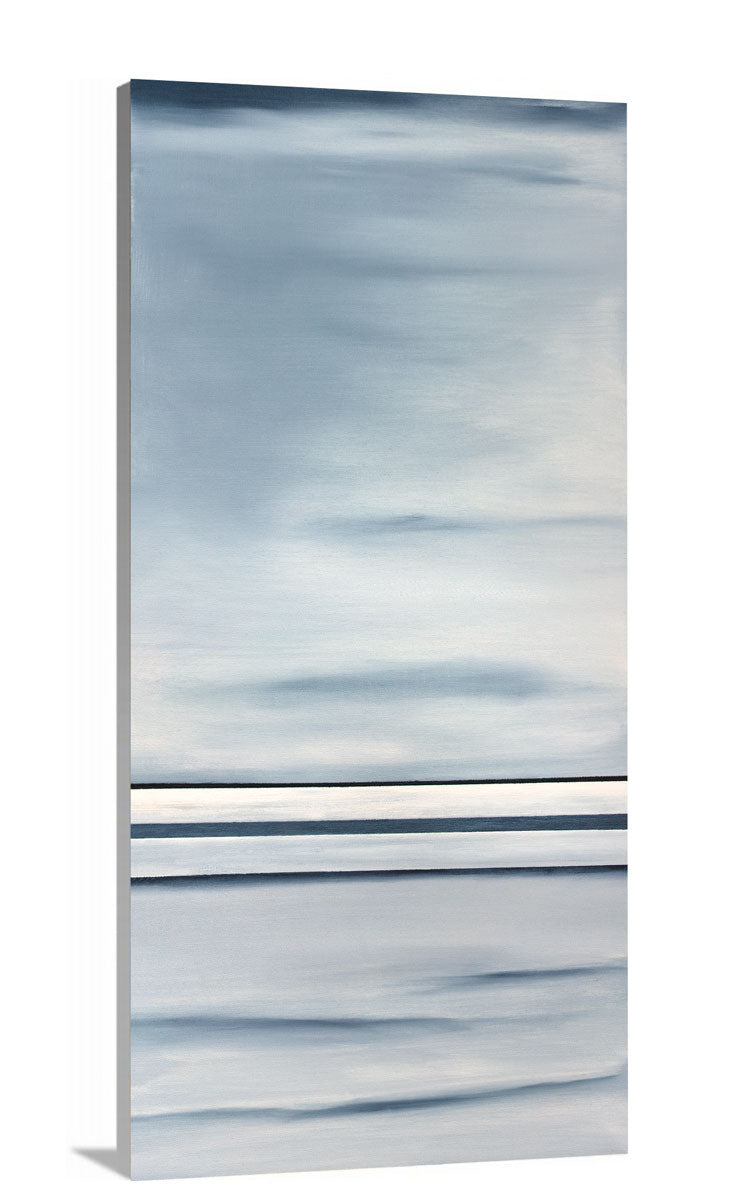 Side-angle view a blue and white abstract print on canvas.