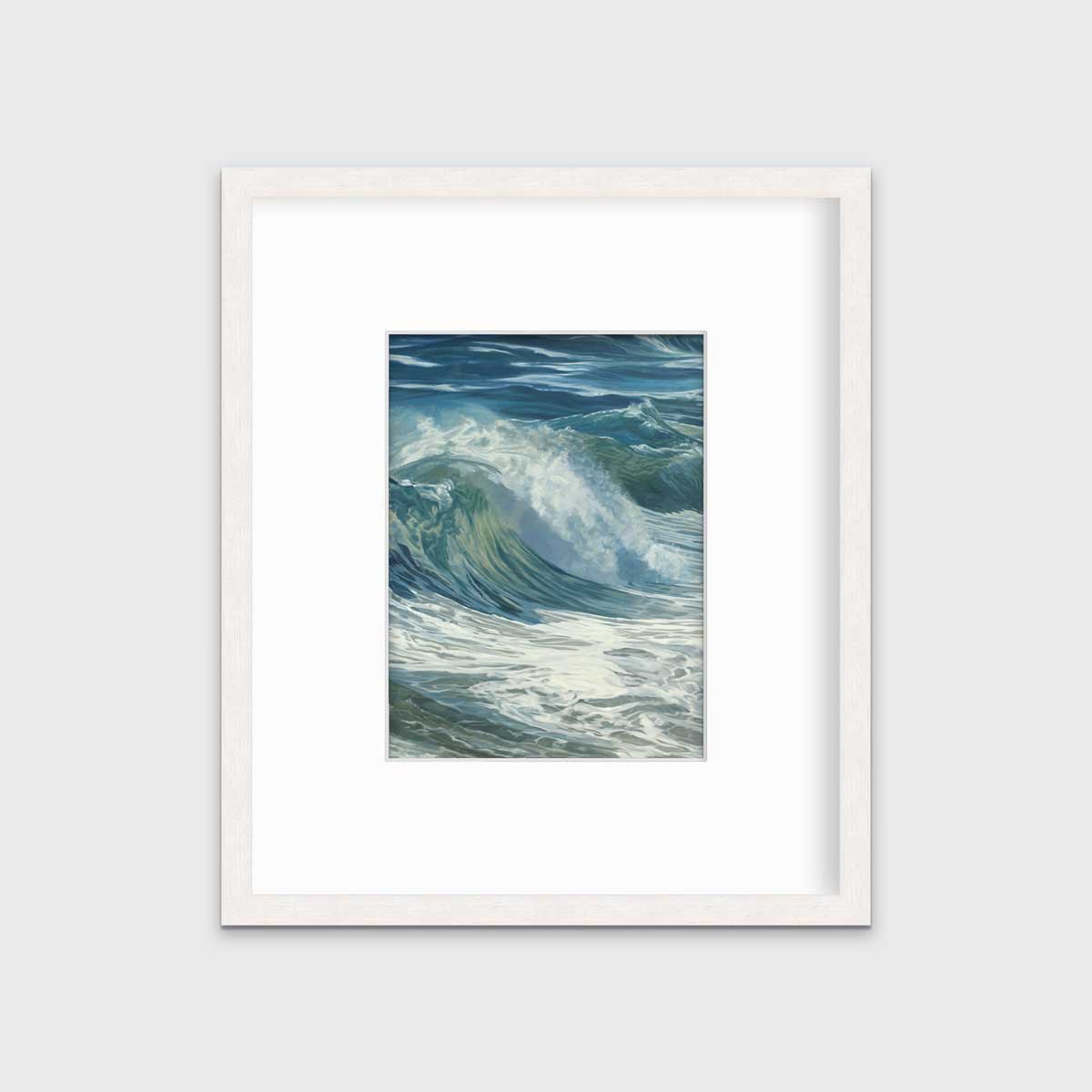 A blue, teal, white and light green abstract water wave print in a whitewashed frame with a mat hangs on a white wall.