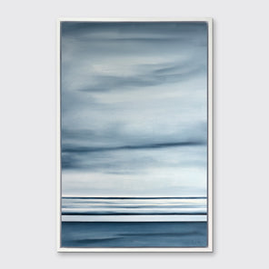 Blue and white linear abstract print in a white floater frame on a white wall.
