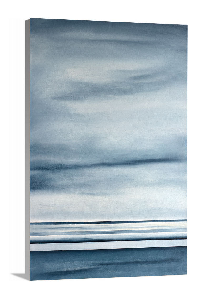 Side-angle view of a blue-grey abstract print on canvas.