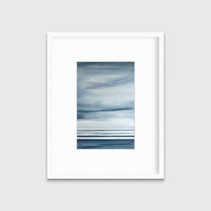 Blue and white linear abstract print in a white frame with a mat on a white wall.