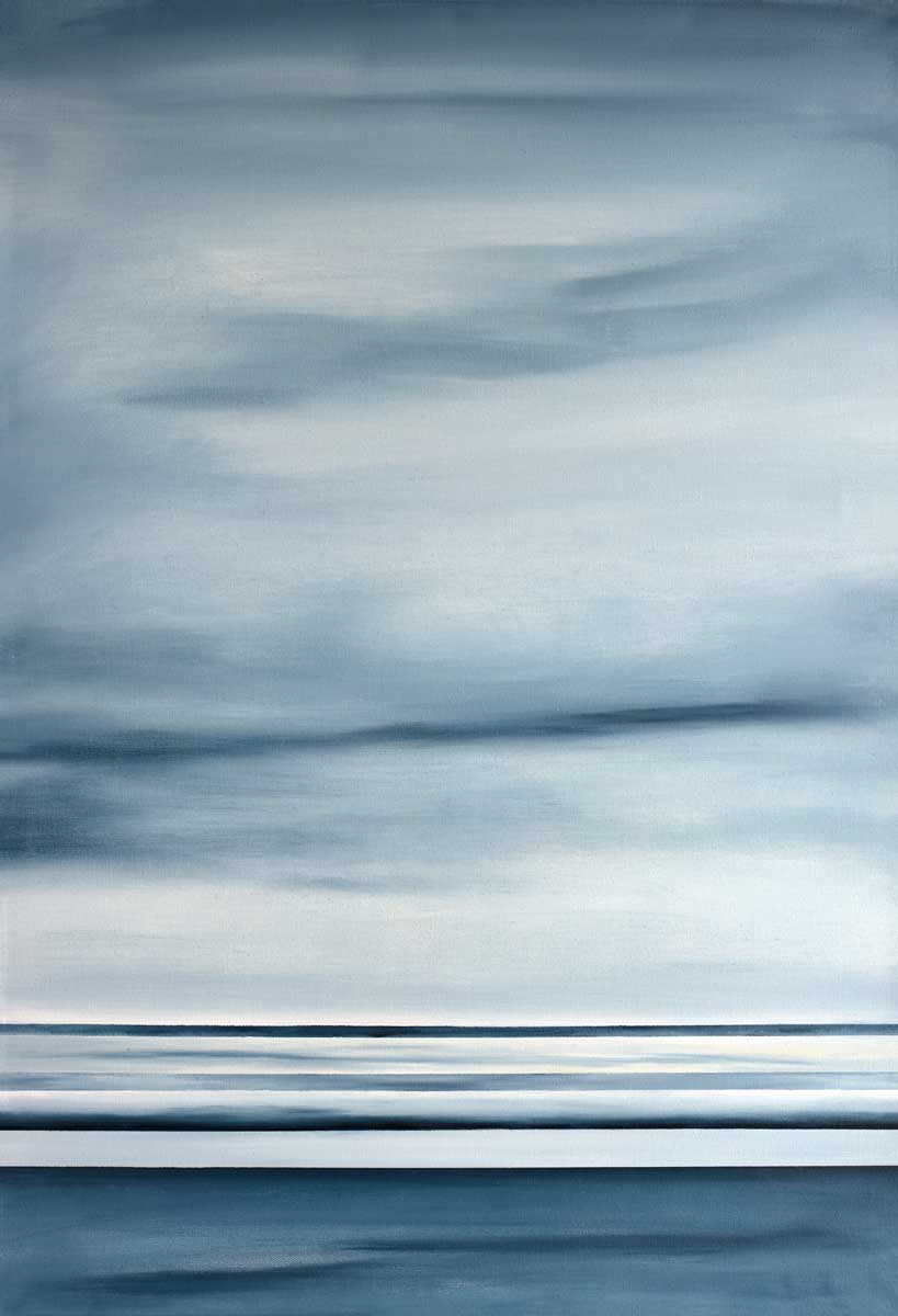 Blue, grey, and white abstract painting that features horizontal blue stripes and blended color. 
