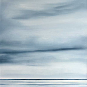 Blue, grey, and white abstract painting that features horizontal blue stripes and blended color. 