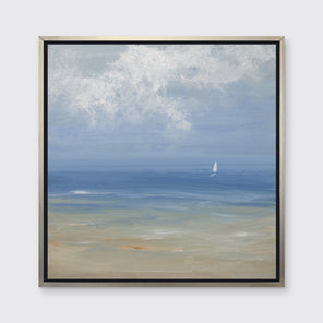 A blue, light green, beige and white abstract seascape print with a small sailboat in a silver floater frame hangs on a white wall.