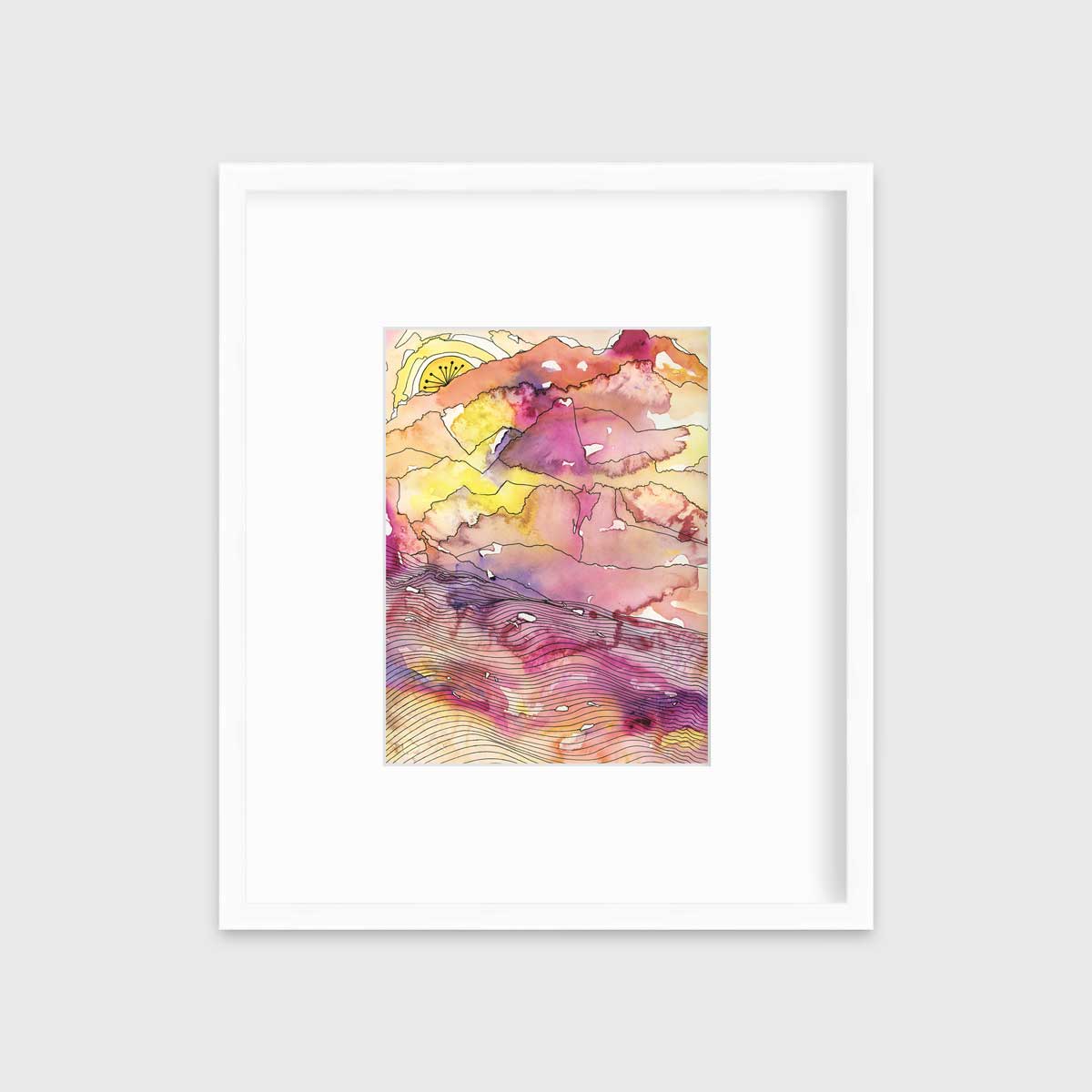 A yellow, pink, orange and black abstract landscape print in a white frame with a mat hangs on a white wall.