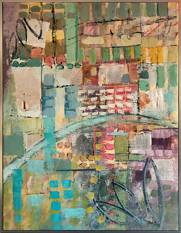 An abstract encaustic painting by Linda Bigness, framed in a gold floater frame. 