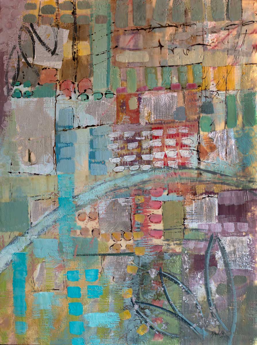 An abstract print with multicolored rectangular strokes throughout the composition.