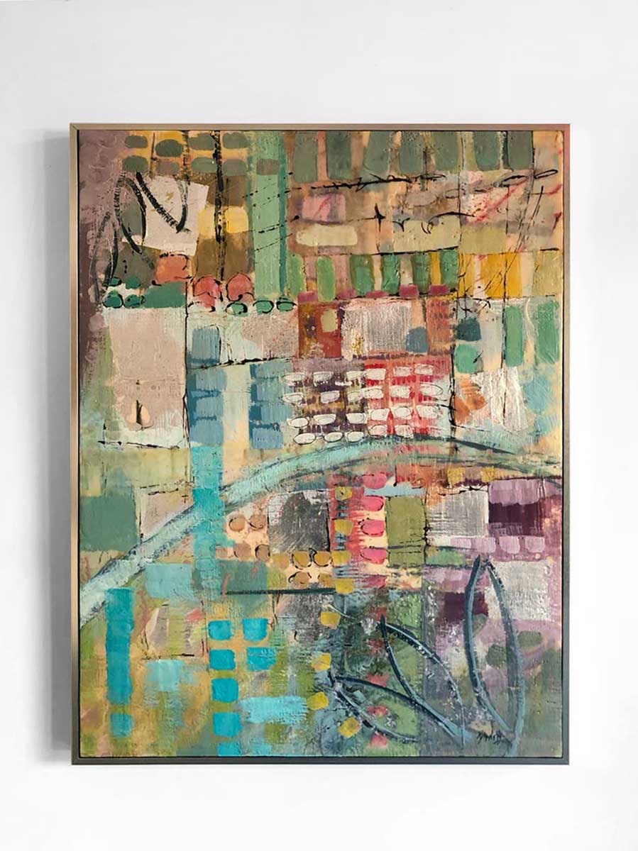 A straight view of an earth-toned encaustic painting, framed in a gold frame and hung on a white wall.