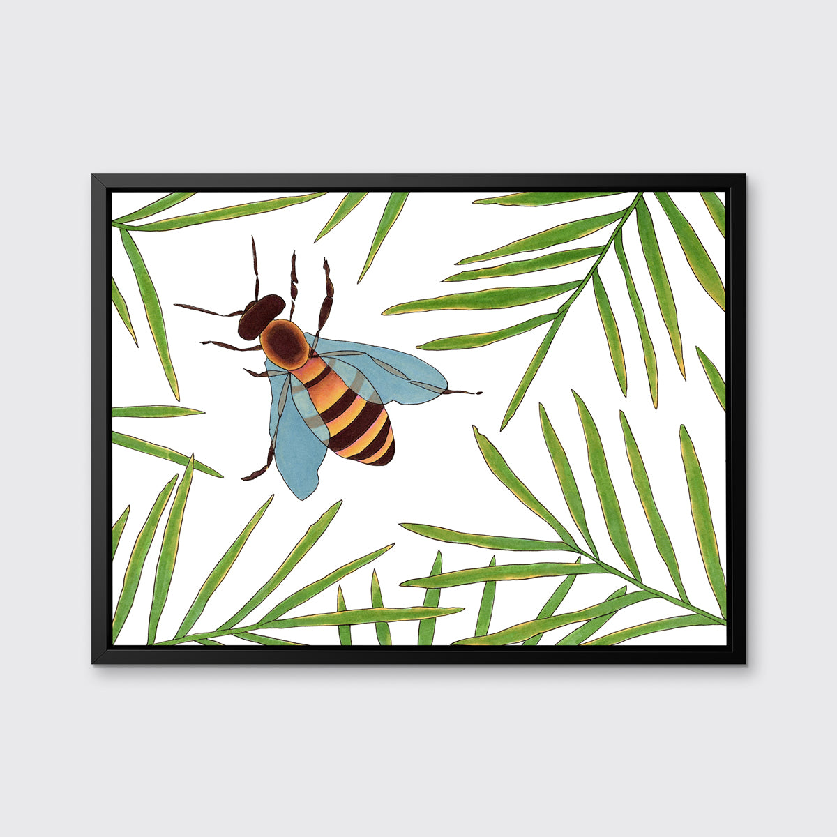 A white and green bee illustration print framed in a black floater frame hangs on a light grey wall.