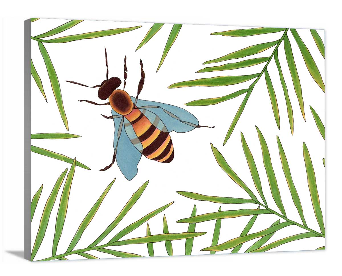 A white and green bee illustration print on canvas. 