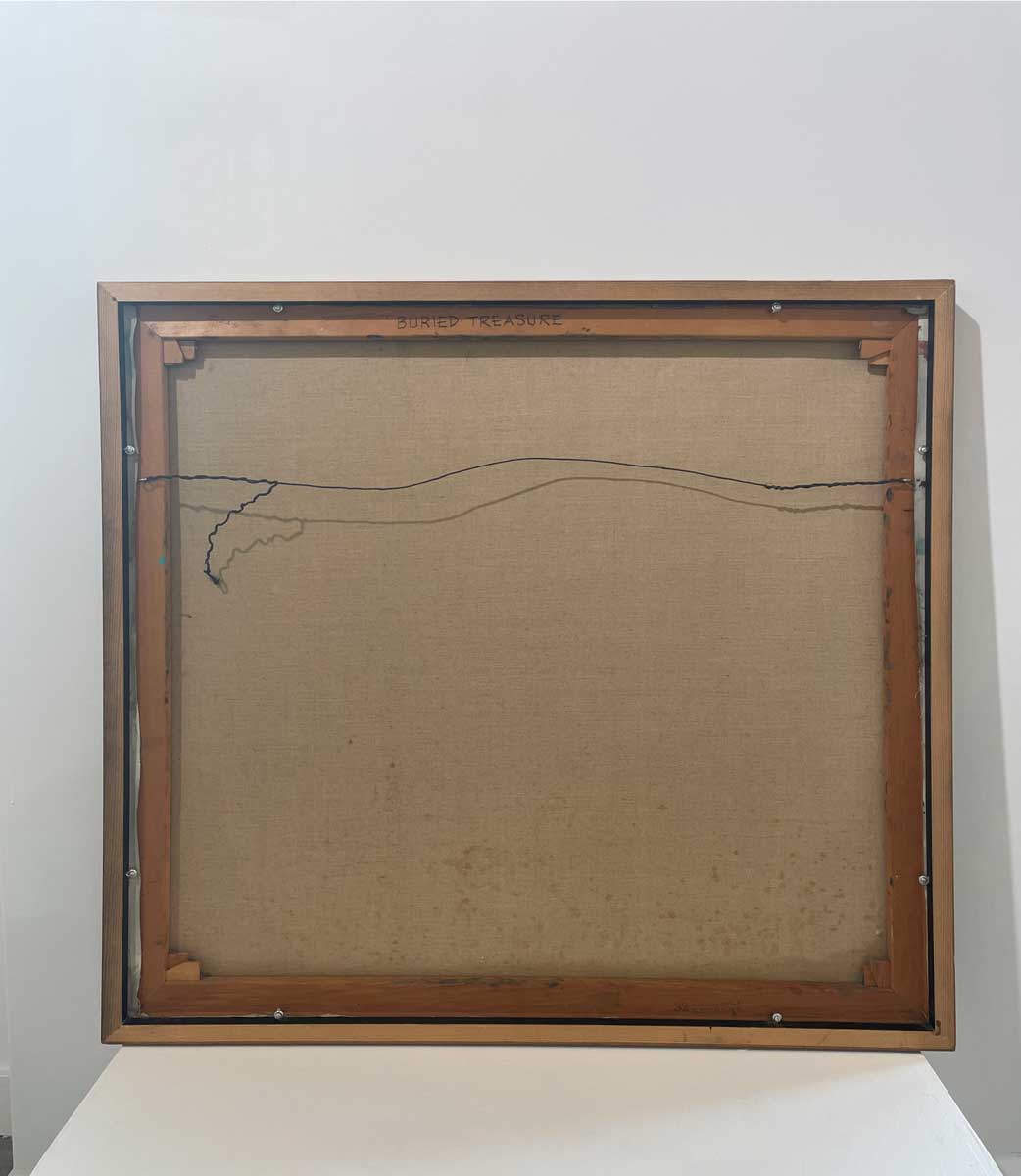 The back of the painting where the title is written on top and the wire to hang is visible.