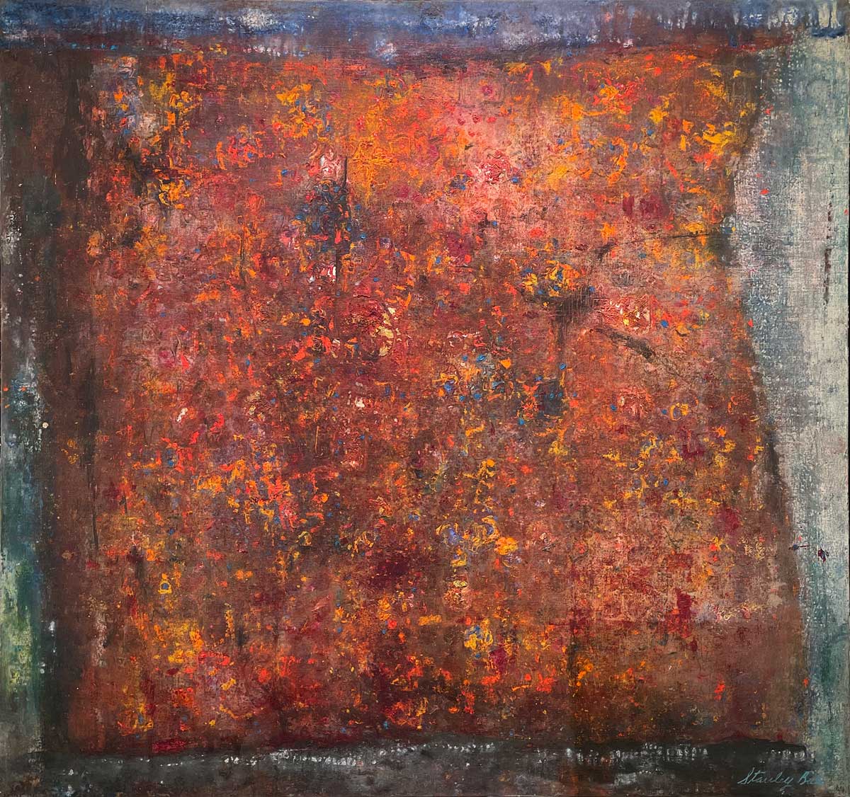 A red, orange and grey abstract painting by Stanley Bate.