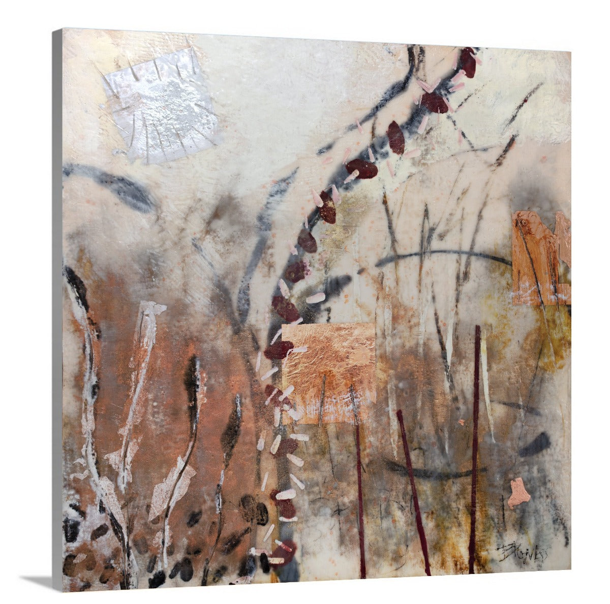 A side-angle view of a nature-inspired abstract canvas print by Linda Bigness.  