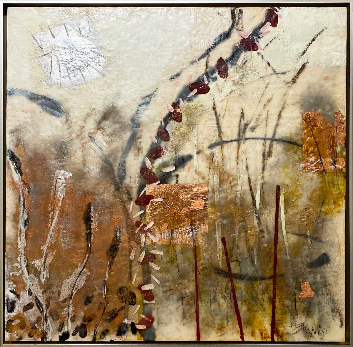 A nature-inspired abstract encaustic painting framed in a warm silver floater frame. 