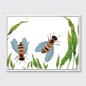 A minimalist bee illustration print framed in a white floater frame hangs on a light grey wall.