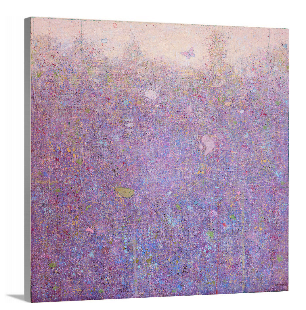 A side-angle view of a pink abstract landscape by Elwood Howell on canvas.