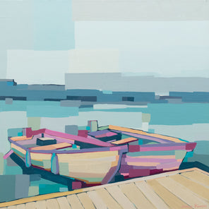 An abstract painting of two boats on water by the docks. Wired and ready to hang.