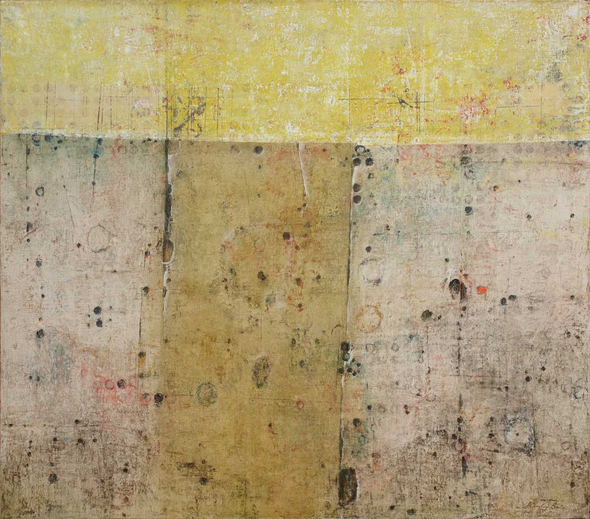 A light yellow and grey modern abstract painting by Stanley Bate.