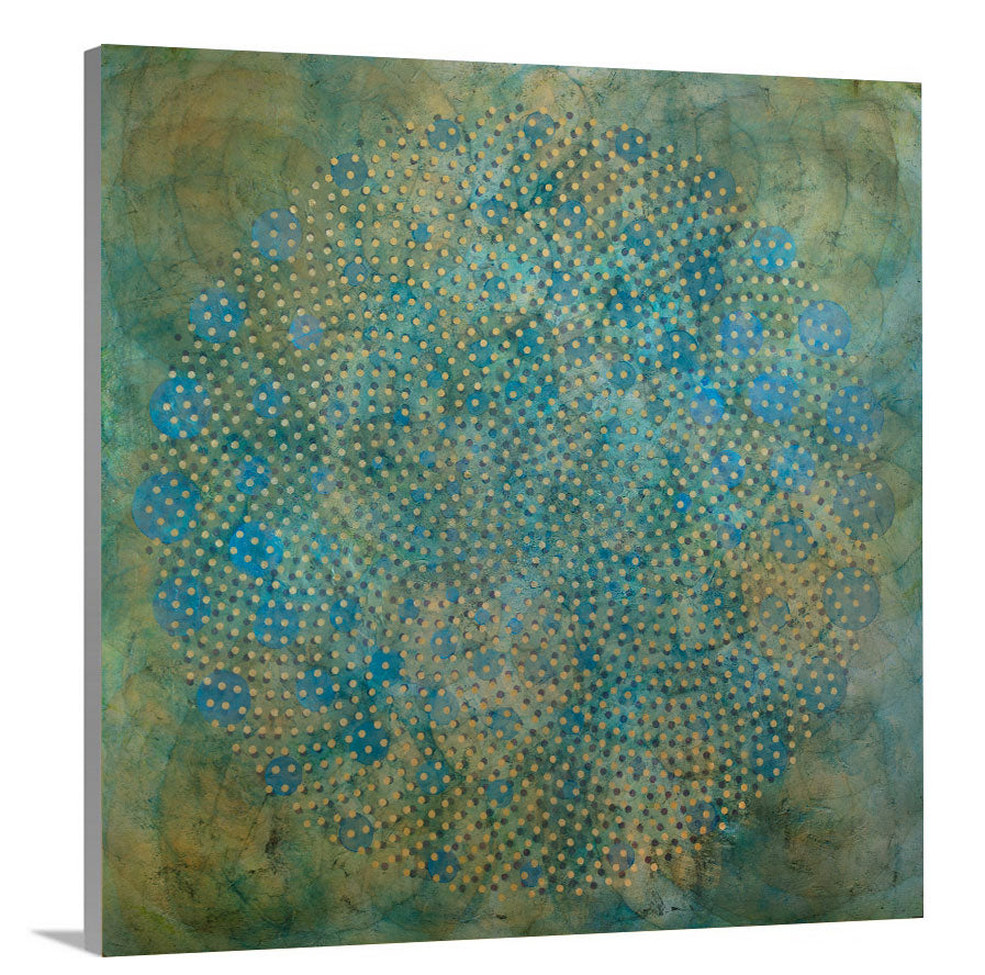 green and yellow layered circles under blue and gold smaller circles staged as a side view of a canvas