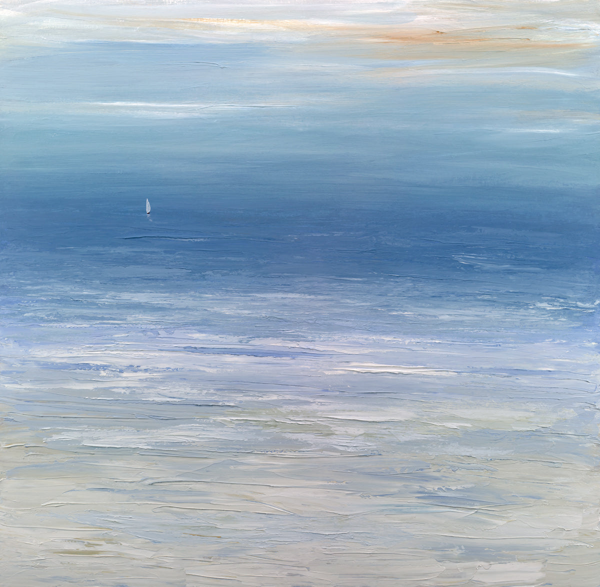 A blue, white and beige abstract seascape painting with a white sailboat by S. Cora Aldo.