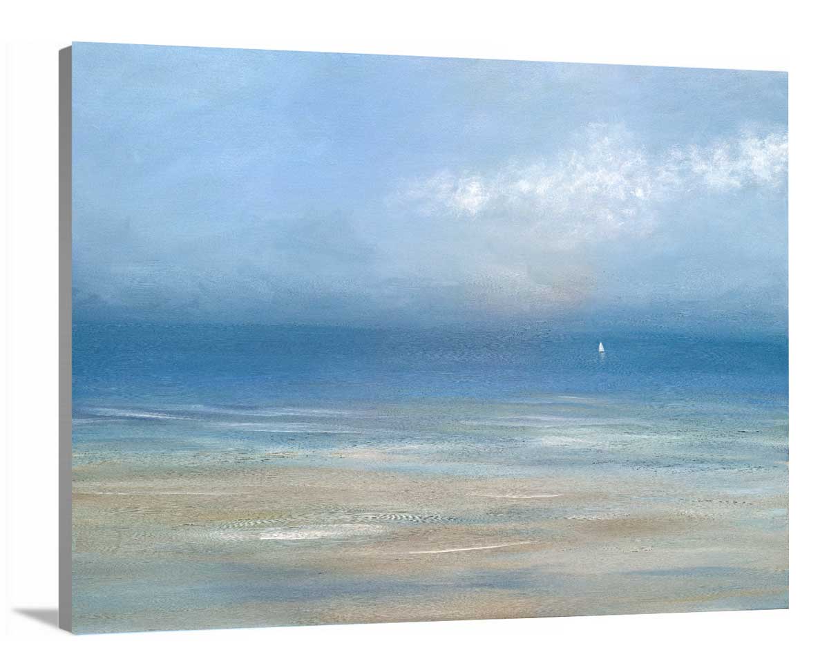 A side-angle view of a light blue, white and beige abstract seascape print on canvas.
