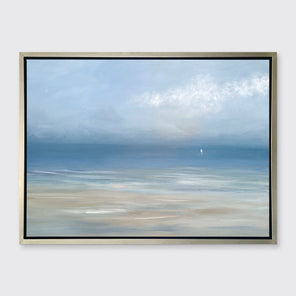A light blue, white and beige abstract seascape print in a silver floater frame hangs on a white wall.