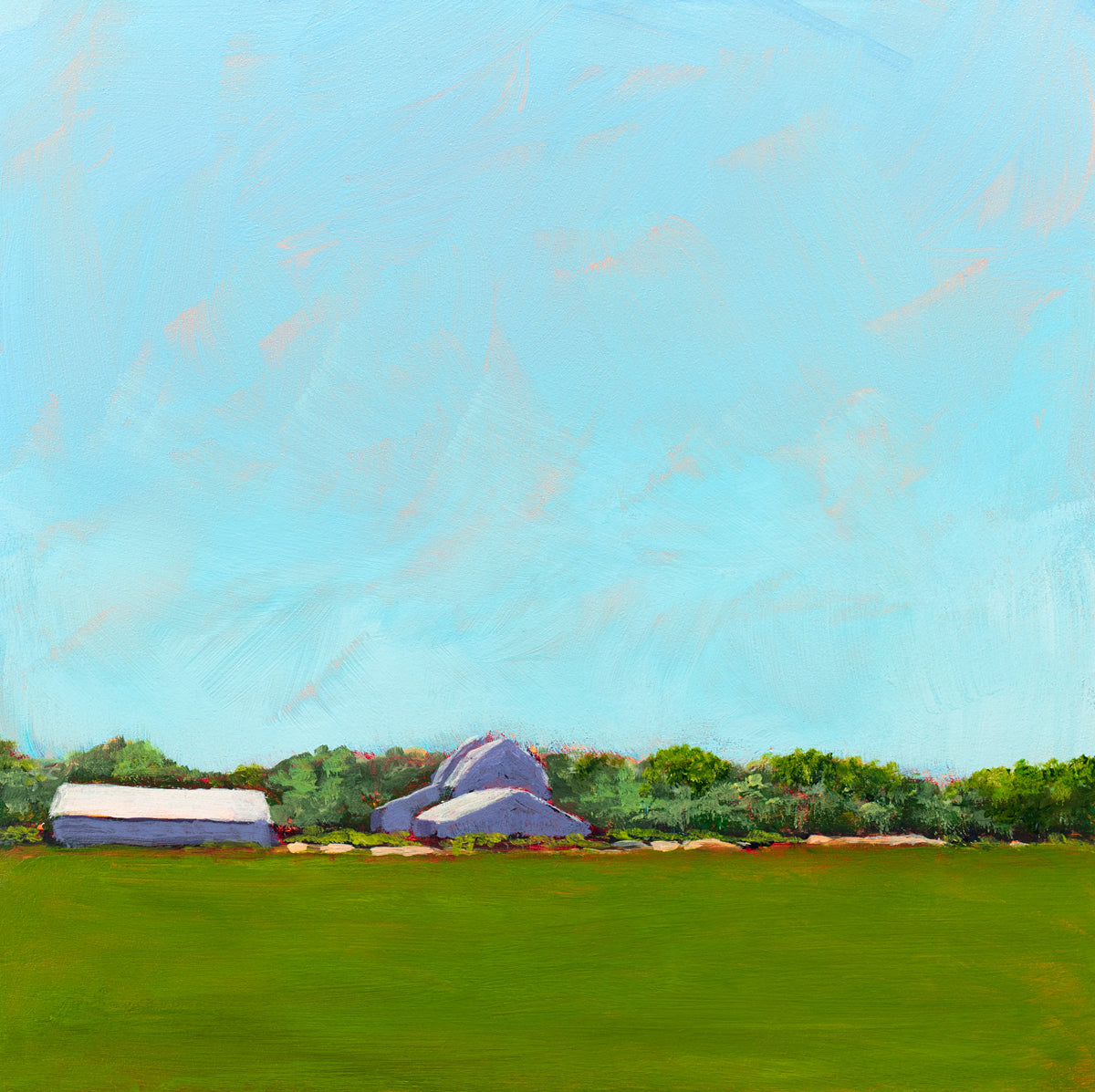 A blue, green, lavender and white landscape print by Carol Young.