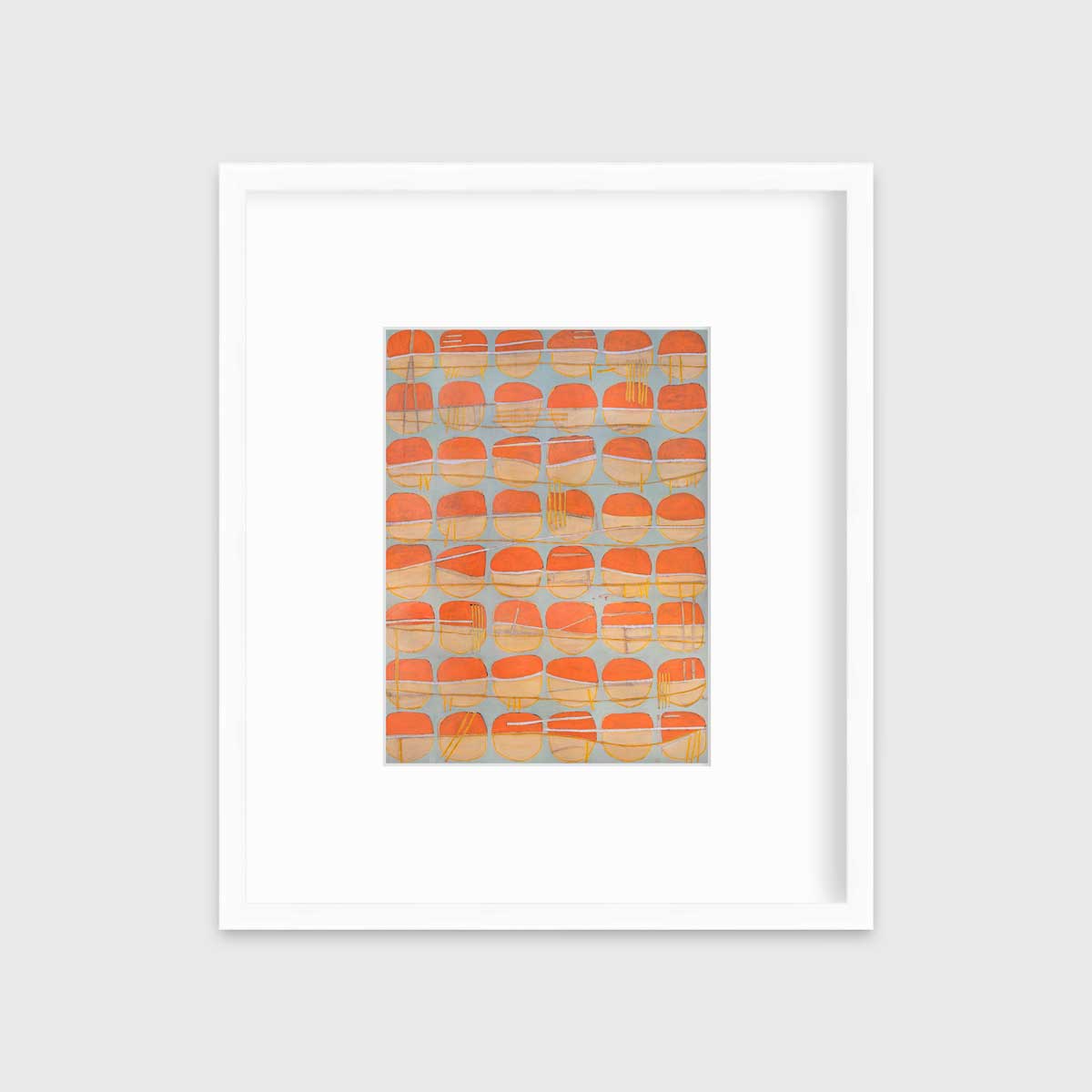 A orange, white and light blue abstract circle print in a white frame with a mat hangs on a white wall.