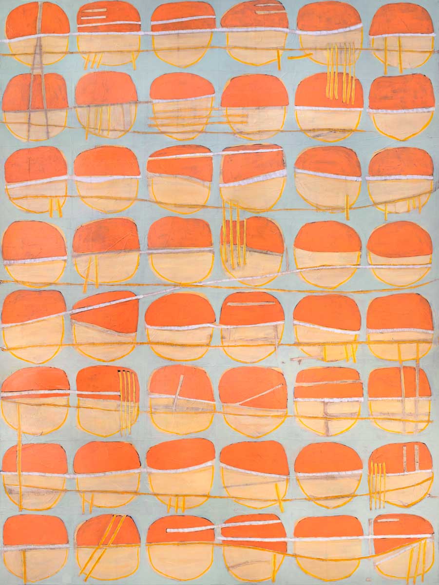 A orange, white and light blue abstract circle print by Sofie Swann.