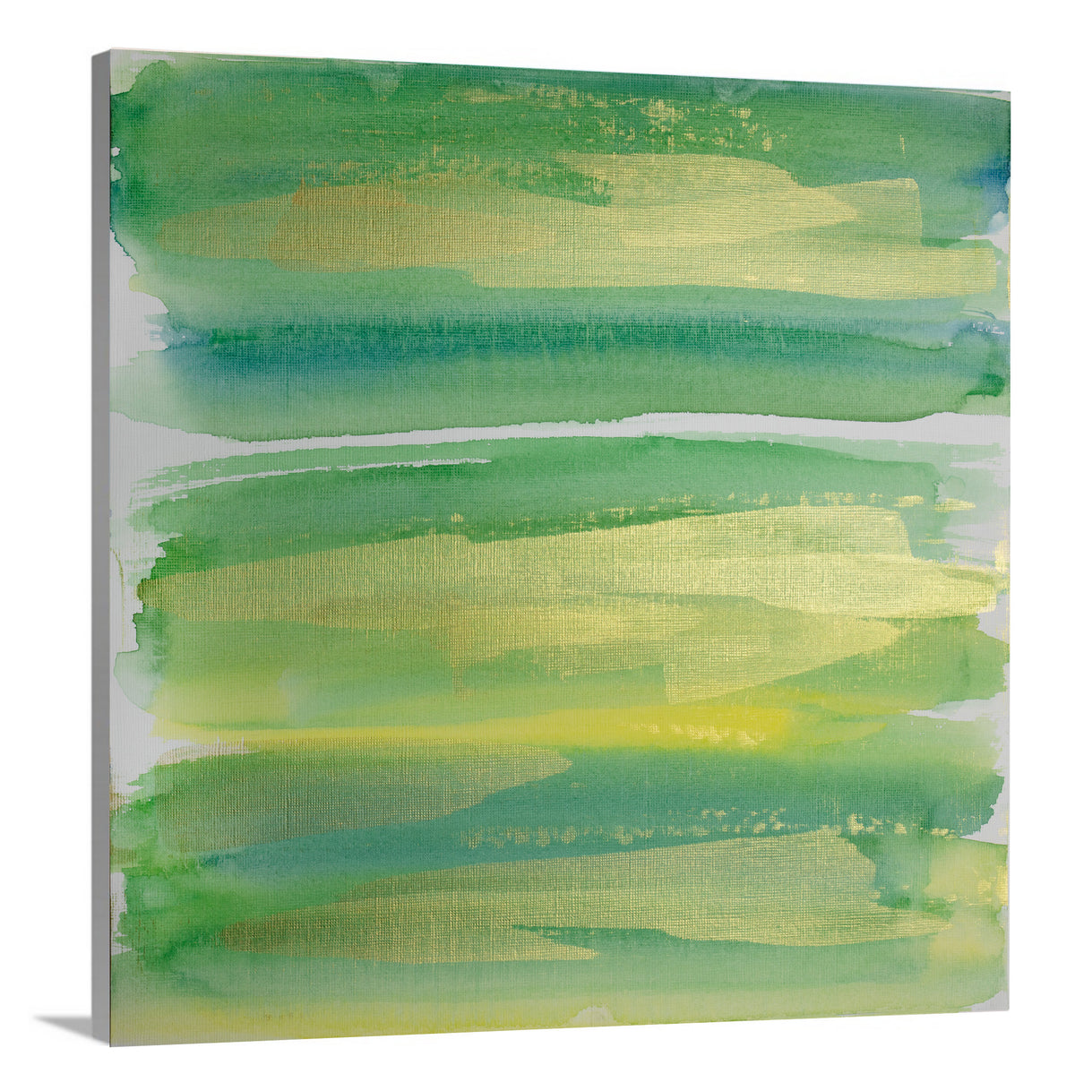 A side-angle view of a green, blue and gold abstract print on canvas.