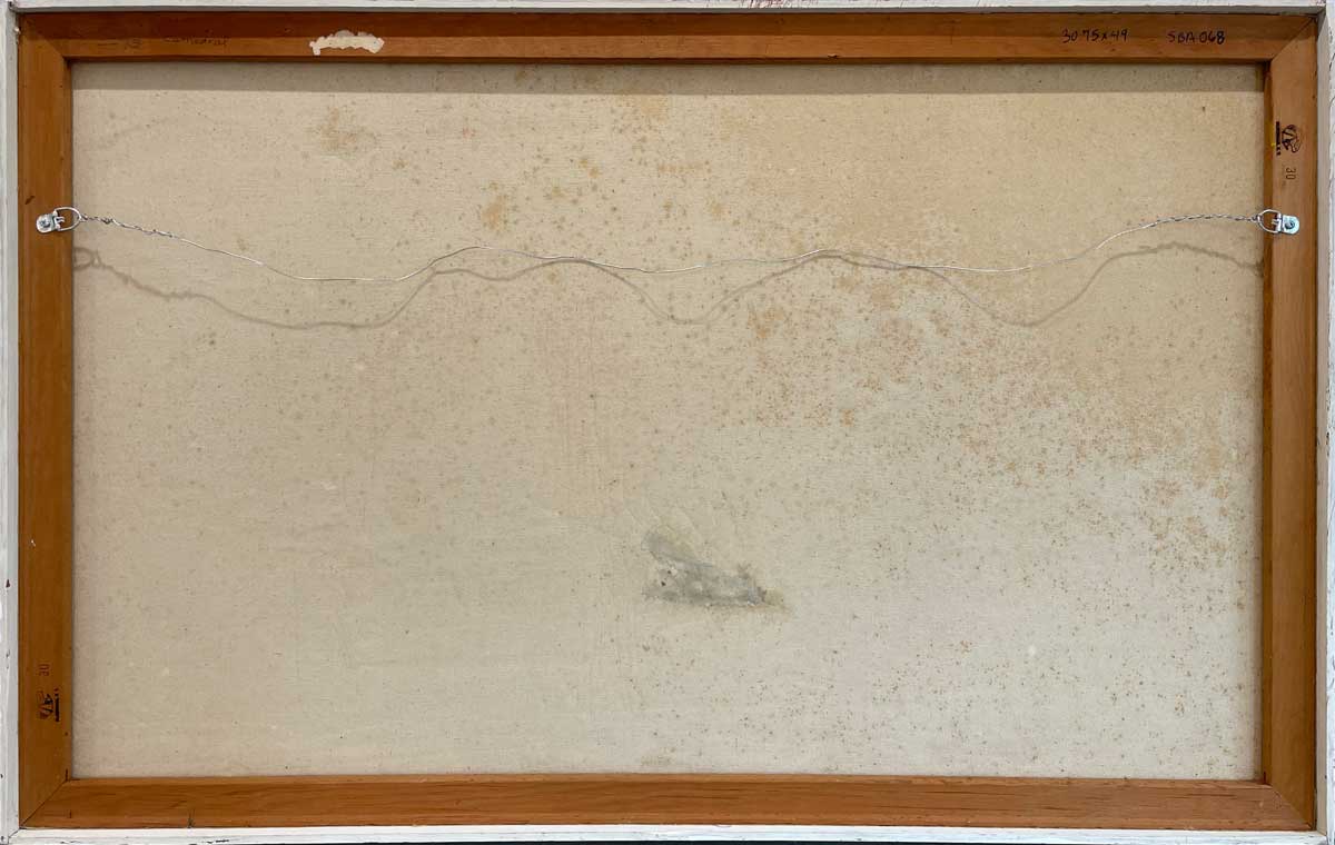The back of the painting with the title and the hanging wire.