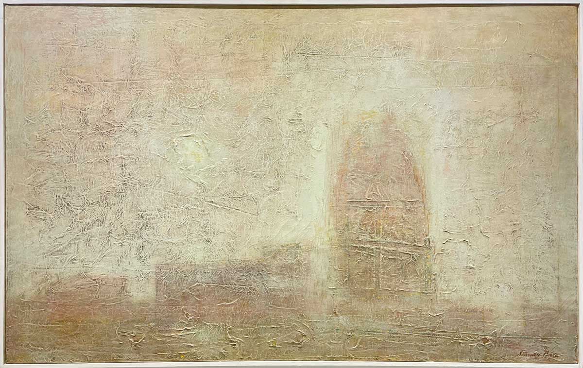 A beige abstract painting by Stanley Bate in a white floater frame.