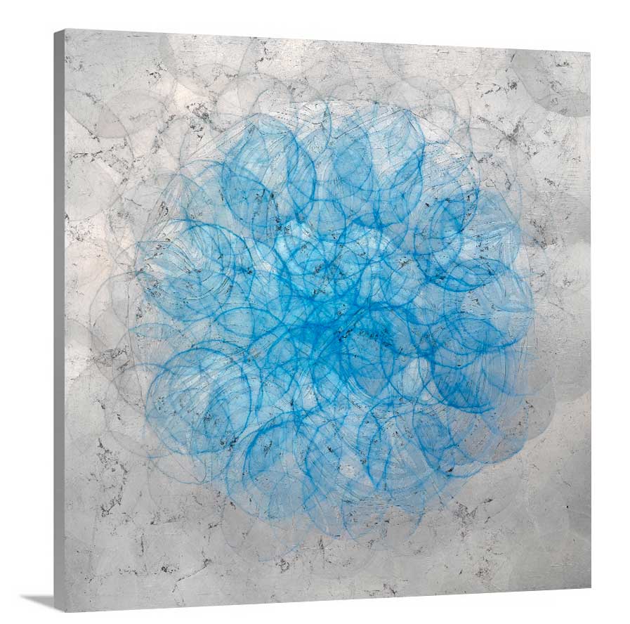 A side-angle view of a silver, grey and blue abstract overlapping circle print on canvas.