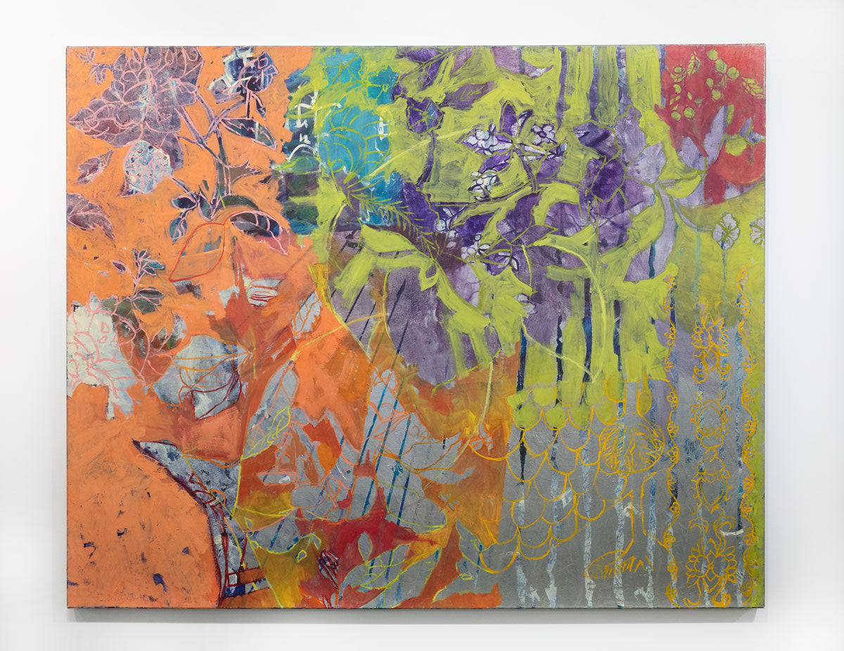A painting is hung on the gallery wall. Beautiful floral motifs in neon green, purple, orange, and blue adorn the painting. The painting is wired and ready to hang.
