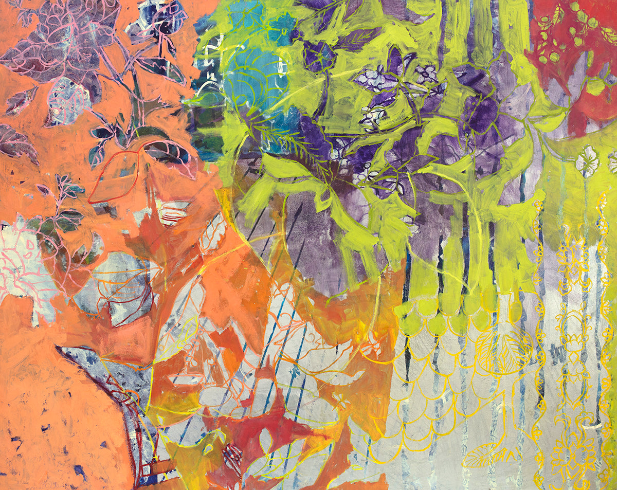 Beautiful floral motifs in neon green, purple, orange, and blue adorn the painting. The painting is wired and ready to hang.