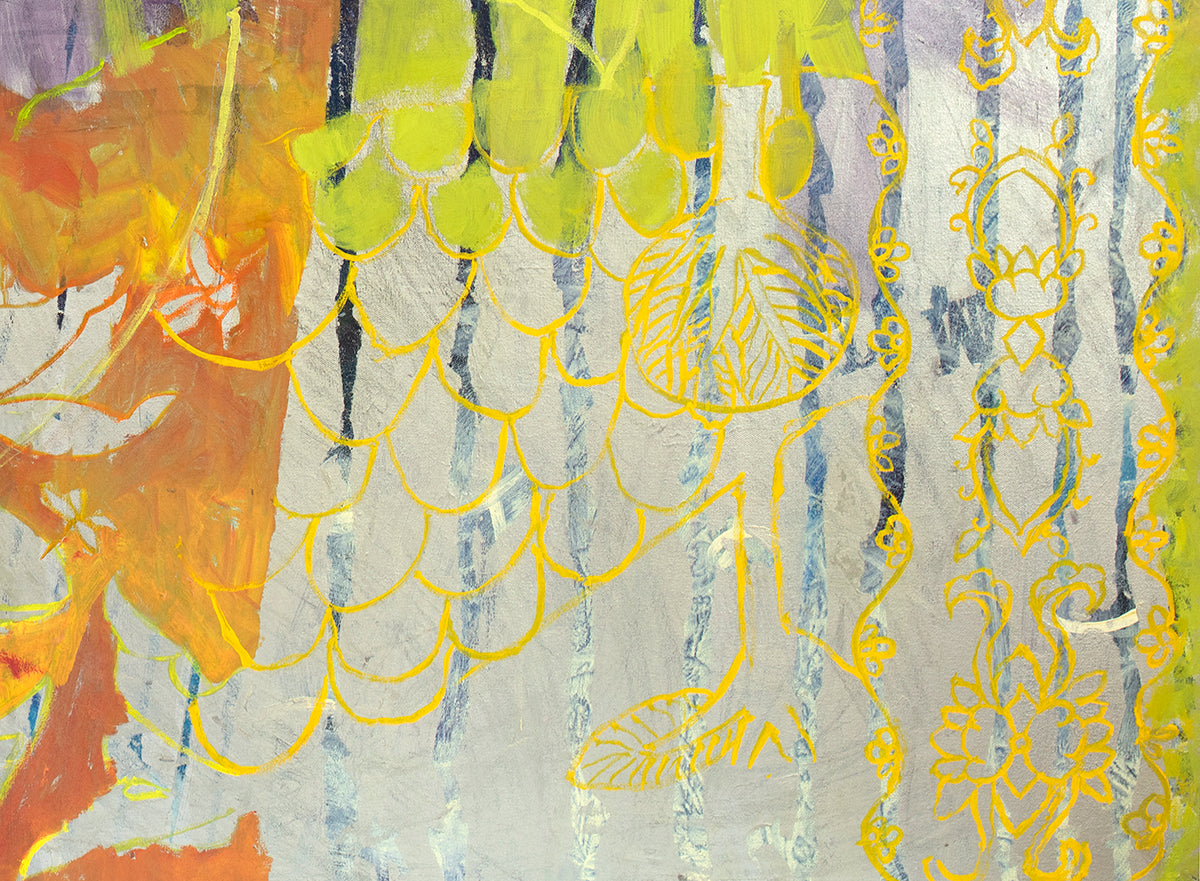 A detailed close up of the painting reveals yellow lines arranged in a way reminiscent of paisley print or wallpaper.